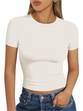Womens Crewneck Cropped Top Slim Fit Short Sleeve Y2K Basic Tee